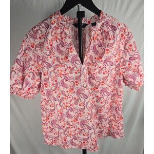 Lands' End Sz XS Pink Paisley Floral Cotton Puff Sleeve Top Boho Garden Party